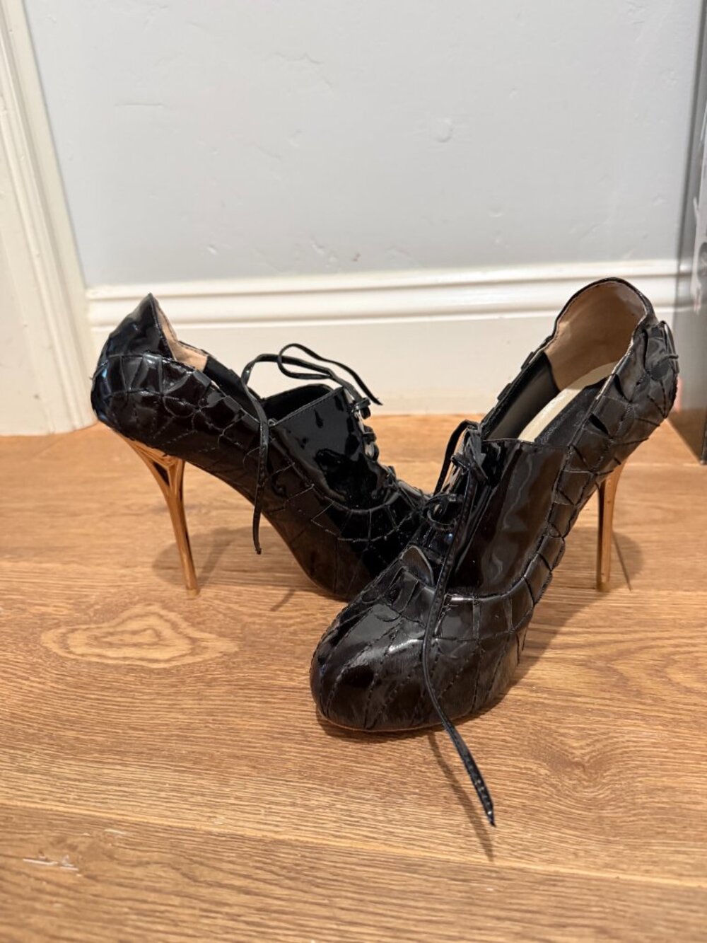DIOR Quilted Patent Leather Lace-Up Heels - Gold Stiletto - 37 - Picture 2 of 6